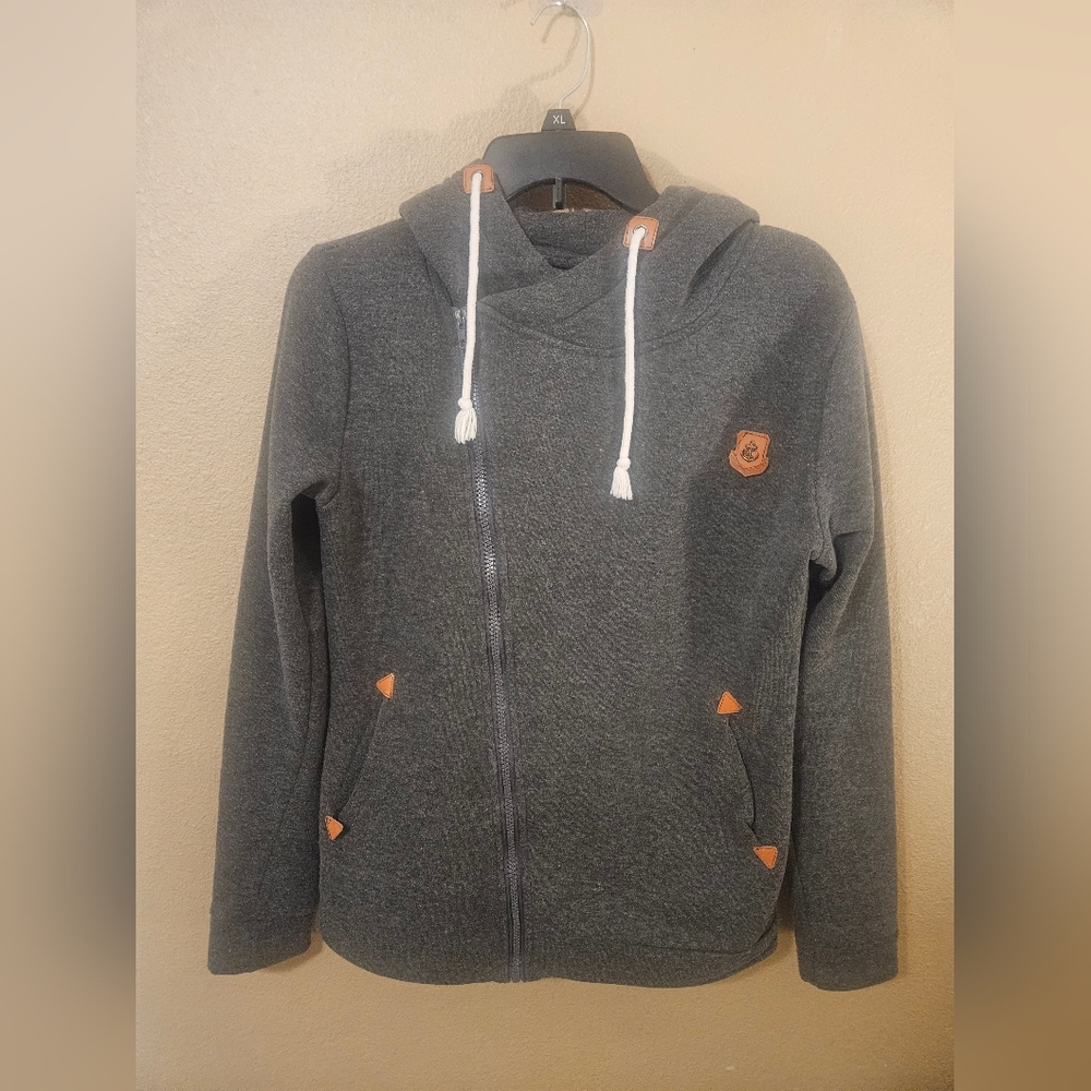 Elfin Women Grey Full Diagonal Zip Hoodie Sweatshirt Jacket Anchor Sz Large